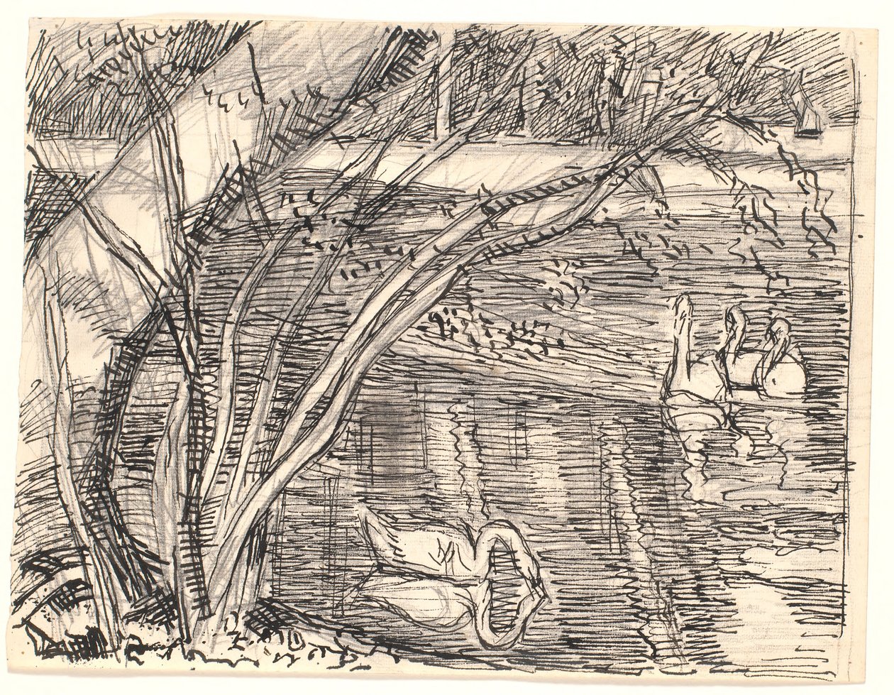 Un lago con cuatro cisnes de Fritz Syberg