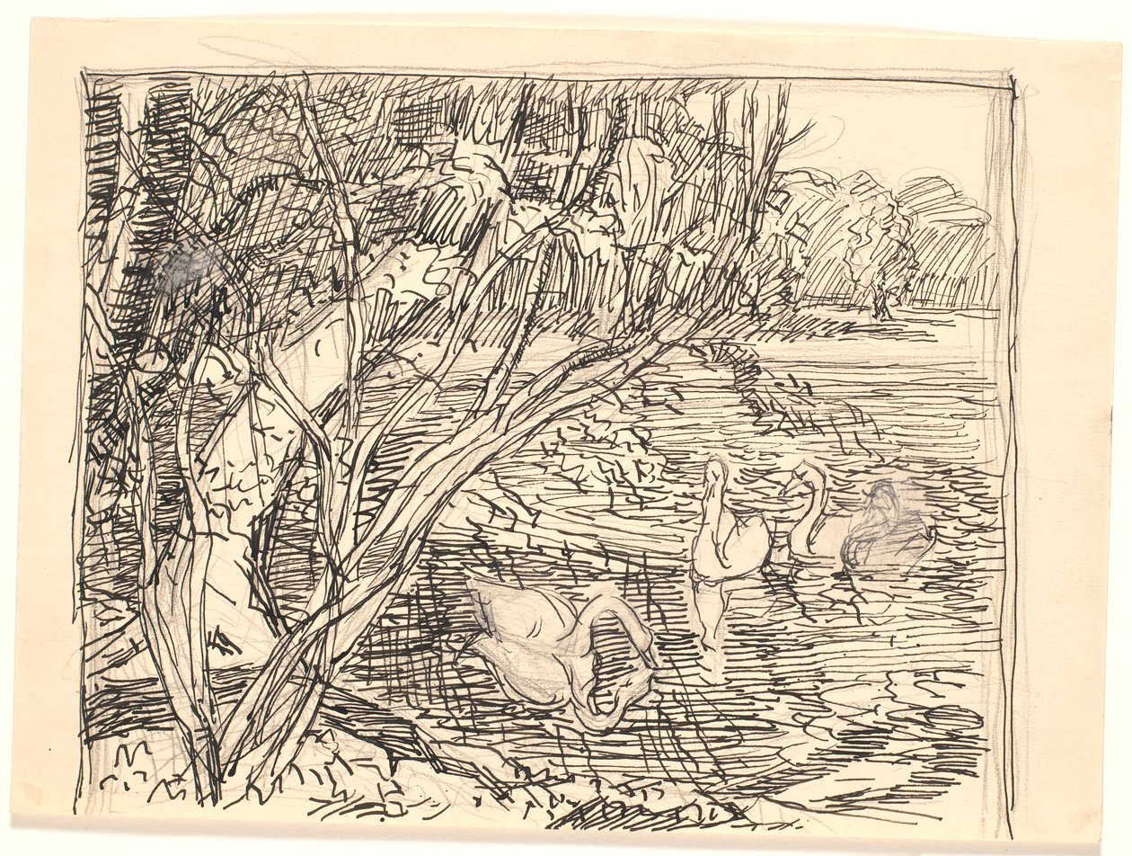 Un lago con cuatro cisnes de Fritz Syberg