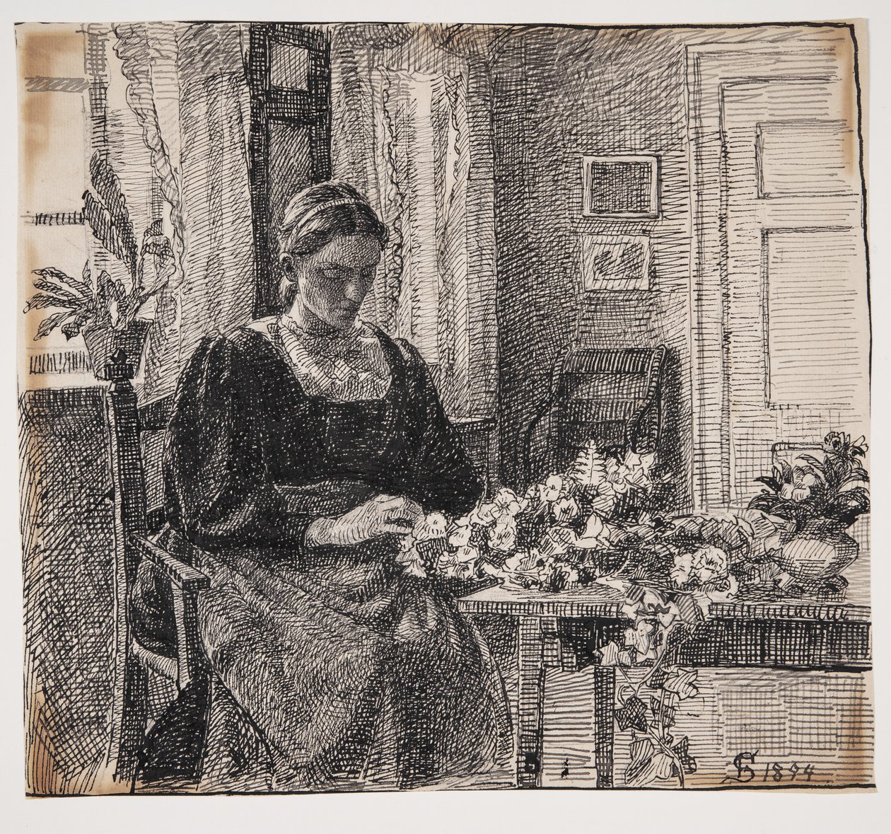 Mi esposa (Sra. Anna Syberg) haciendo una corona de Fritz Syberg
