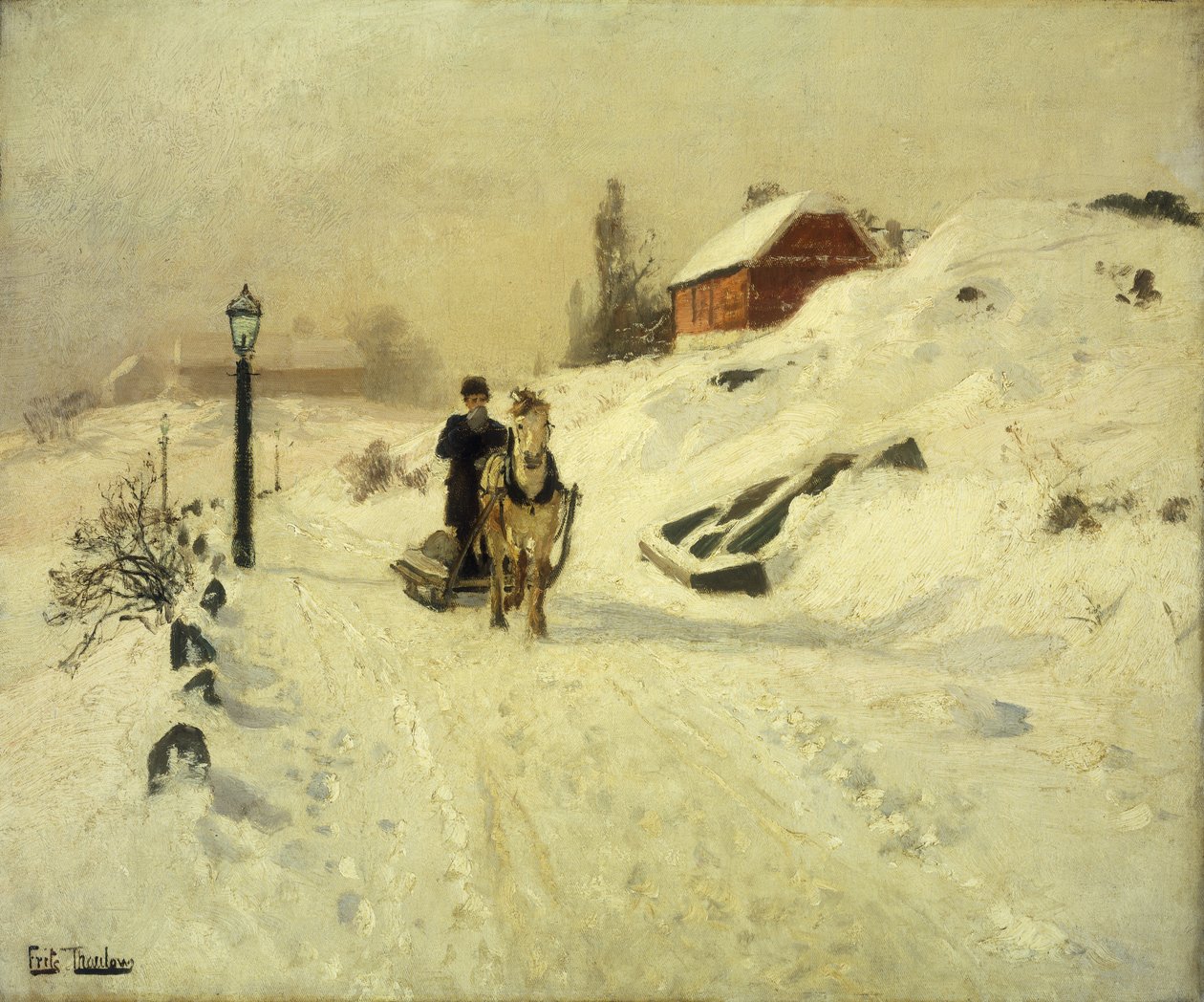 Un trineo tirado por caballos en un paisaje invernal de Frits Thaulow