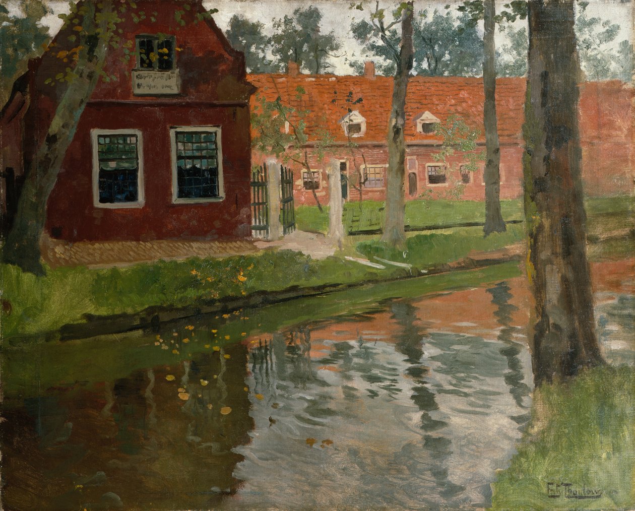 De Vollendam, casa roja, agua de Fritz Thaulow