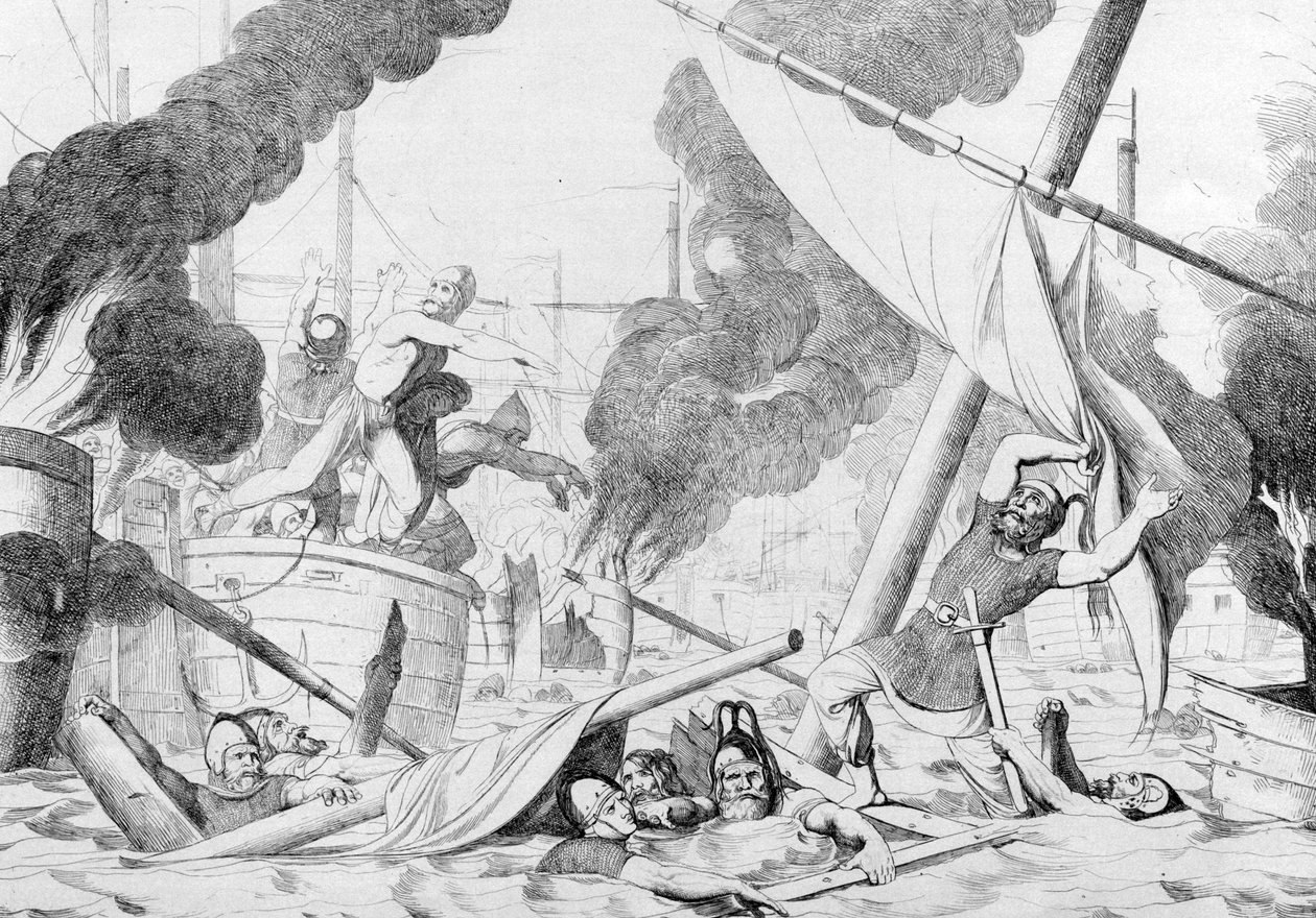Fuego griego durante el Sitio de Constantinopla, antes de 1839 de Fyodor Antonovich Bruni