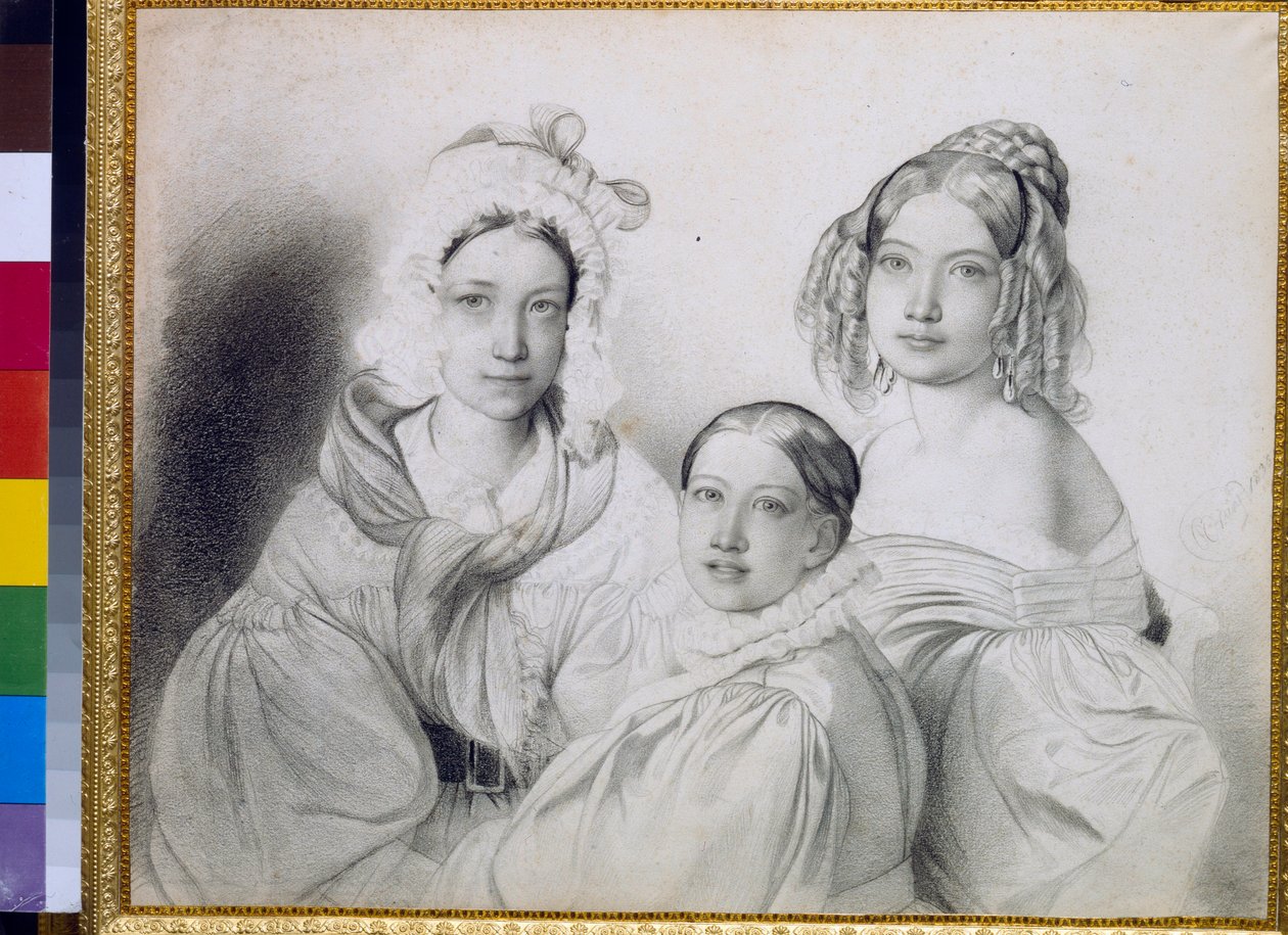 Retratos de las condesas Praskovia (1817-1835), Nadezhda (1822-1840) y Maria (1813-1849), hijas del príncipe ruso Piotr Viazemski (Pierre Wiazemsky) (1792-1878) - Dibujo de Feodor (Fidelio) Bruni ( 1799- 1875) de Fyodor Bruni