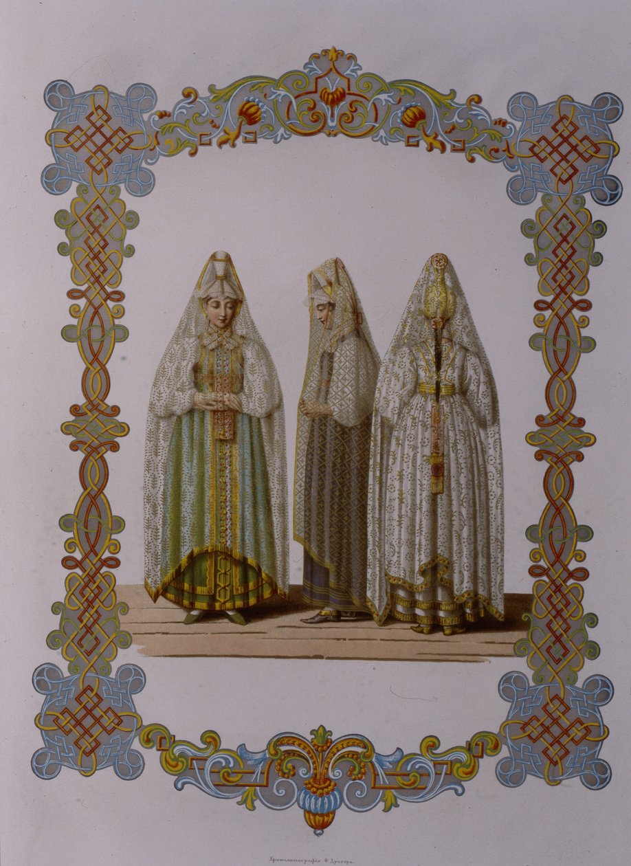 Trajes de Doncellas de Torzhok de la serie Vestimenta del estado ruso, 1851 de Fyodor Grigoryevich Solntsev