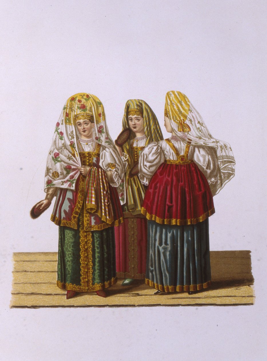 Trajes de mujeres y doncellas de Tver de la serie Vestimenta del estado ruso de Fyodor Grigoryevich Solntsev