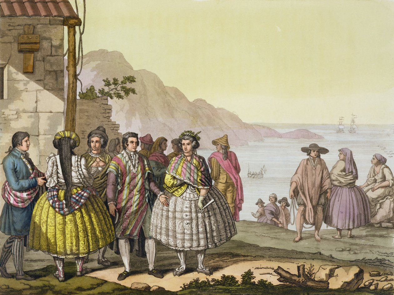 Hombres y mujeres con trajes elaborados, Chile, de 