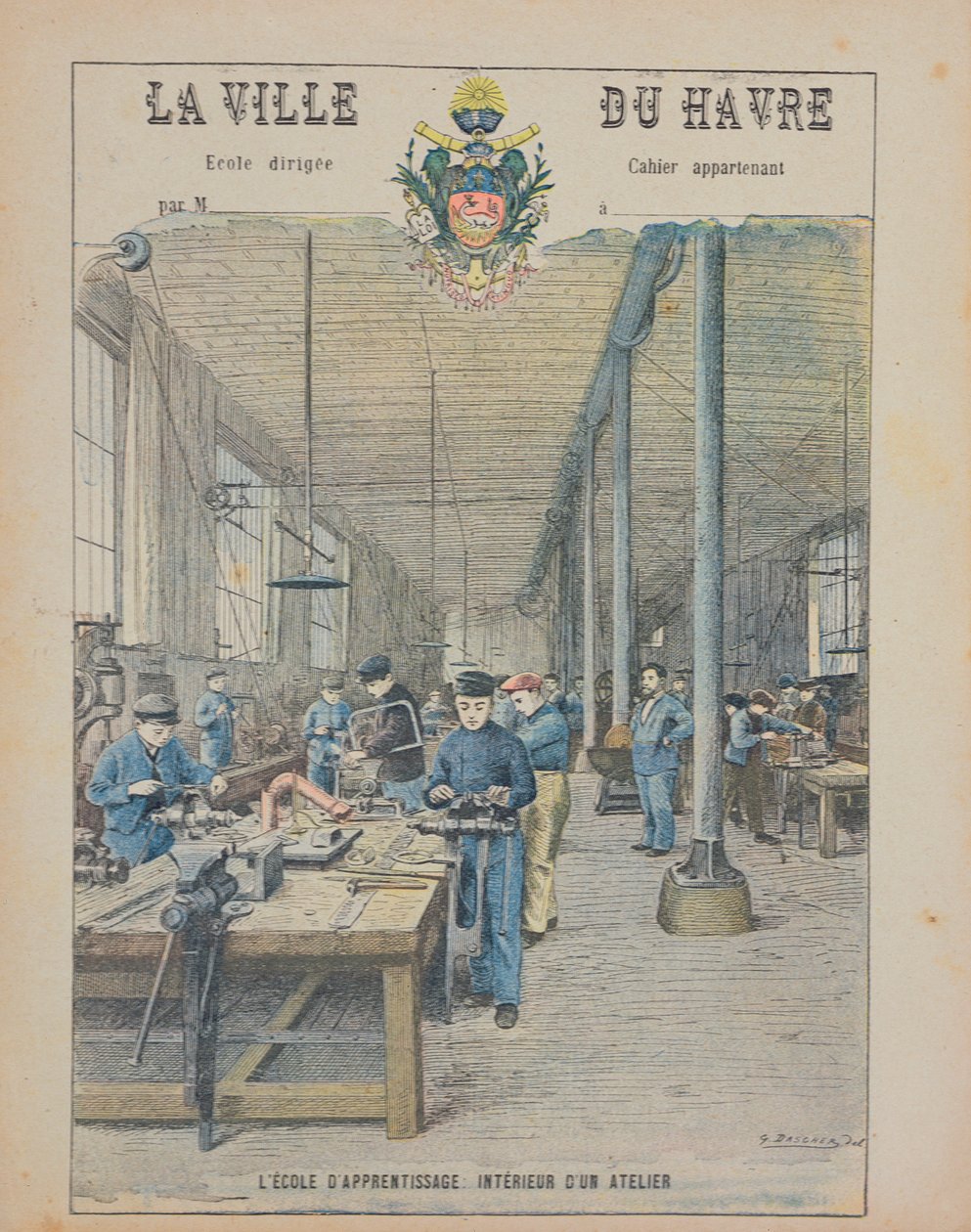 Escuela de aprendices, interior de un taller, portada de un libro escolar de G. Dascher