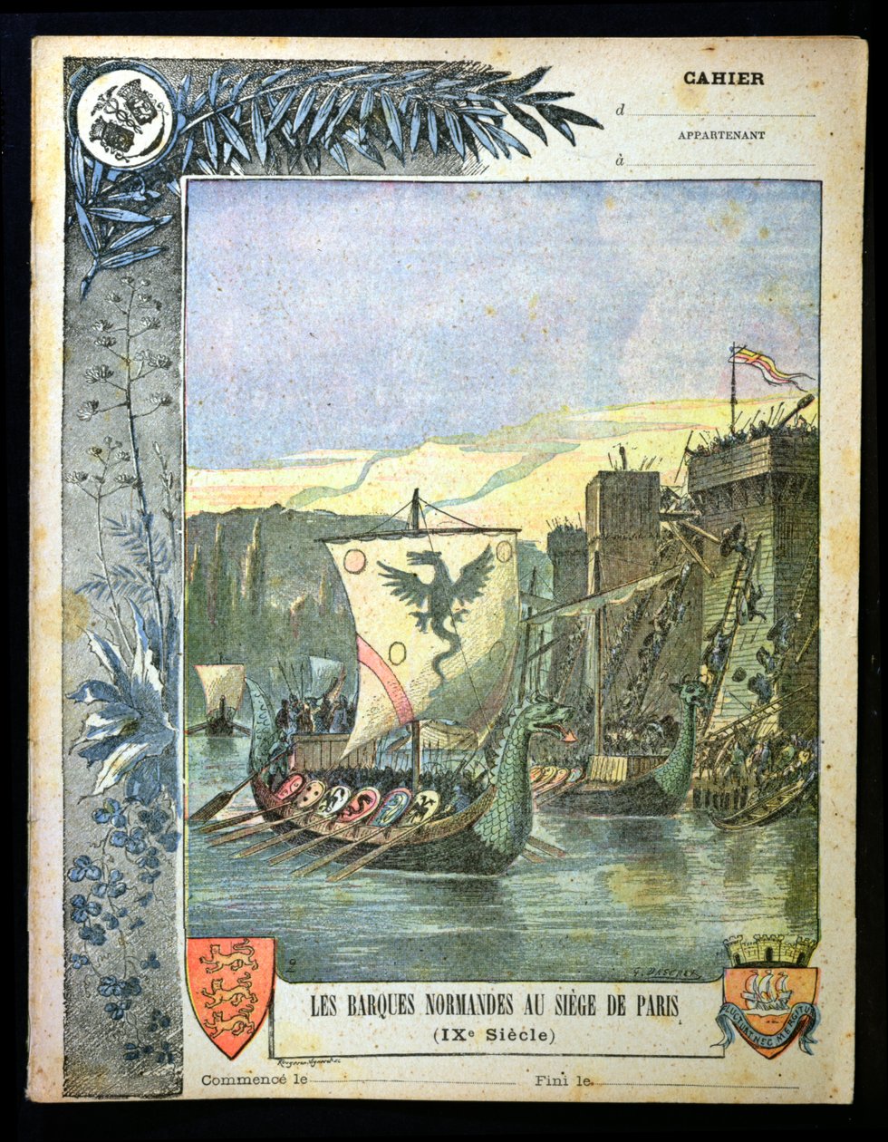 Barcos normandos sitiando París, ilustración de una portada de un cuaderno escolar, finales del siglo XIX de G. Dascher