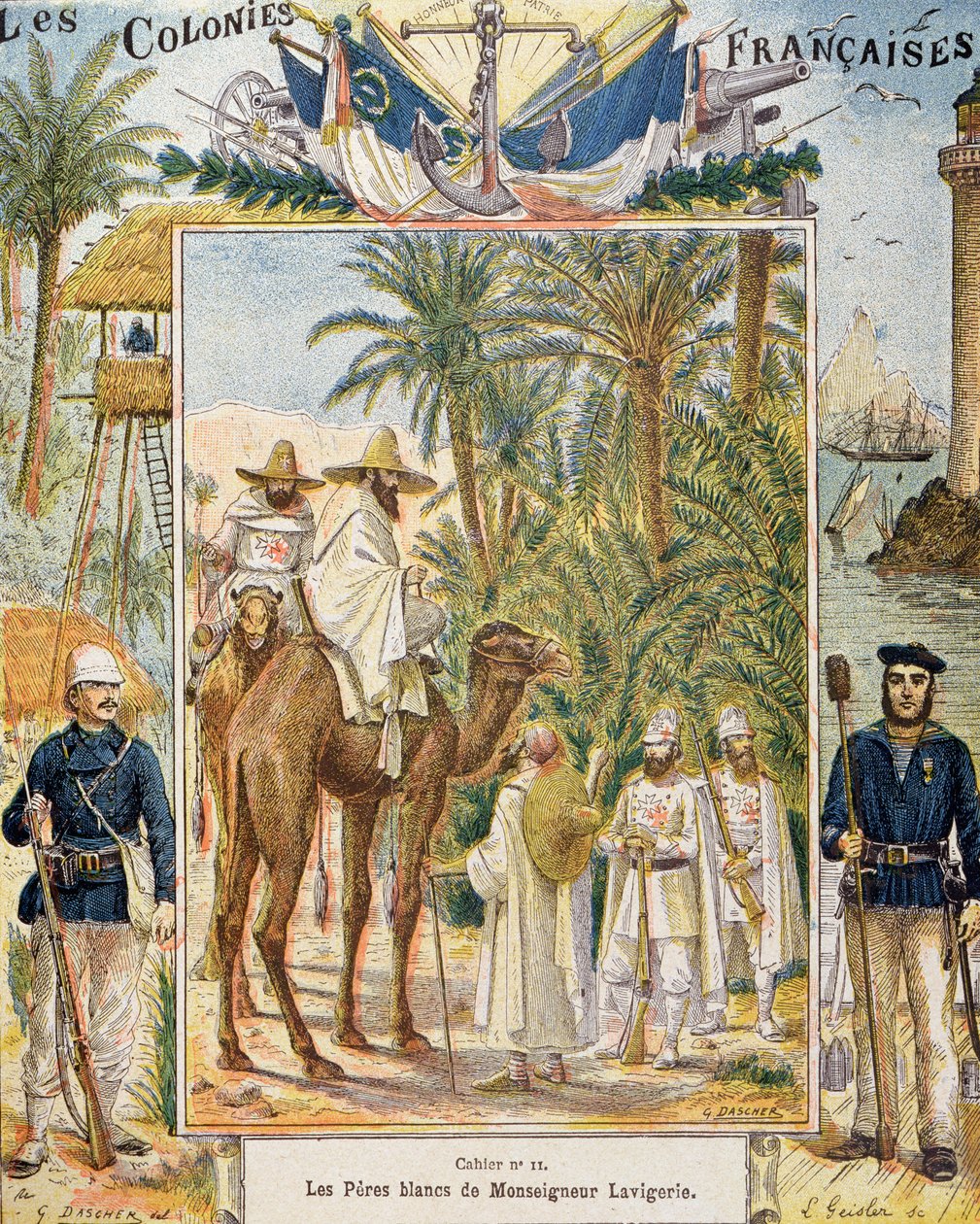 Los Padres Blancos del Cardenal Lavigerie en África, portada de un libro escolar, grabado por L. Geisler, c.1880-90 de G. Dascher
