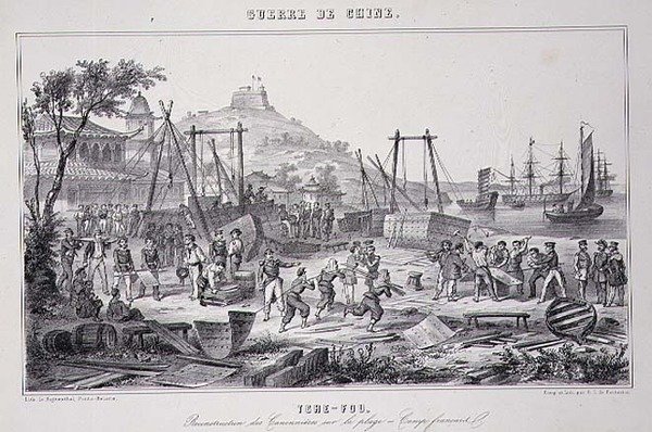 Reensamblaje de cañoneras en la playa de Tche-Fou, de 