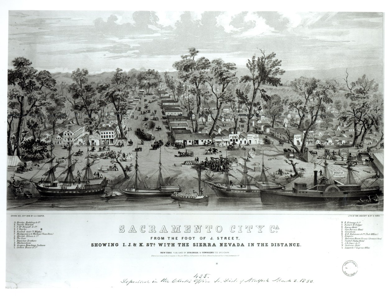 Ciudad de Sacramento, California, desde el pie de la calle J mostrando las calles I, J y K con la Sierra Nevada en la distancia, grabado por William Endicott y Co., 1849 de G.V. Cooper