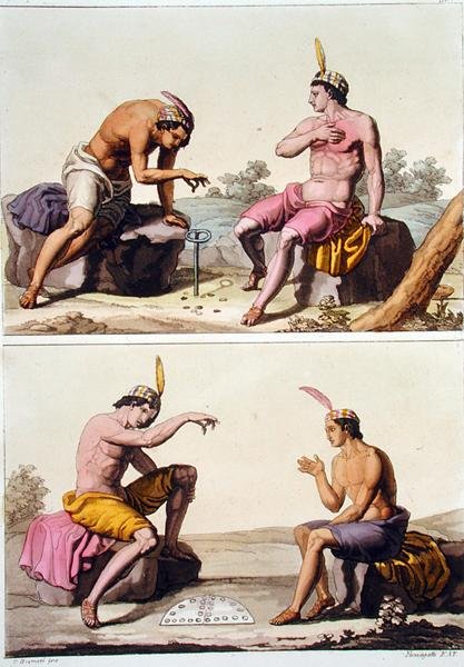 Indios jugando Queciu (arriba) y Porotos (abajo), Chile, de 
