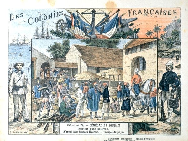 Portada de libro escolar que representa escenas en las colonias francesas de Senegal y Sudán, finales del siglo XIX de G. (after) Dascher