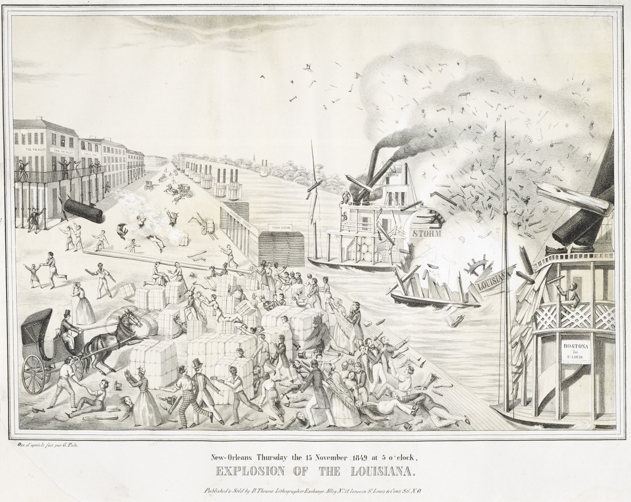 Nueva Orleans jueves 15 de noviembre de 1849 a las 5 en punto, Explosión de Louisiana, c. 1849 de G. (after) Tolti