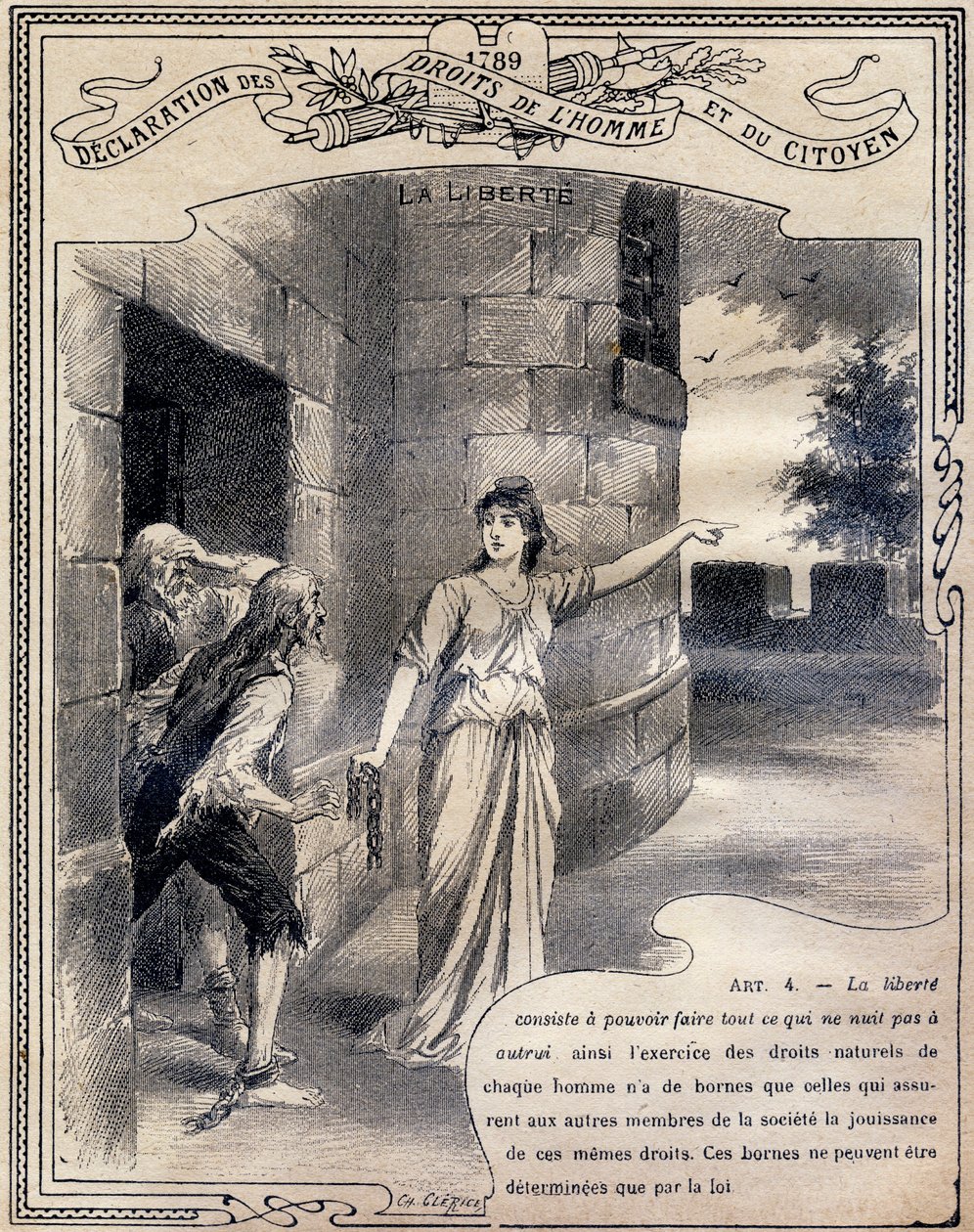 1789: Declaración de los derechos del hombre y del ciudadano: La libertad. Grabado en "El libro único de moral e instrucción cívica, destinado a los alumnos de los tres cursos de la Escuela primaria y a los de las clases primarias de los Liceos y Colegios" de G. Dascher