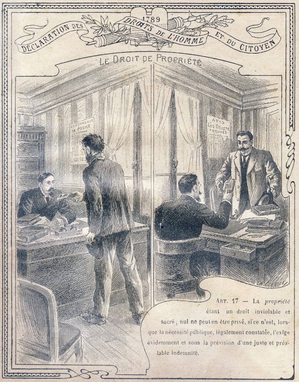 1789: Declaración de los derechos del hombre y del ciudadano: El derecho de propiedad. Grabado en "El libro único de moral e instrucción cívica, destinado a los alumnos de los tres cursos de la Escuela primaria y a los de las clases primarias de los Liceos de G. Dascher