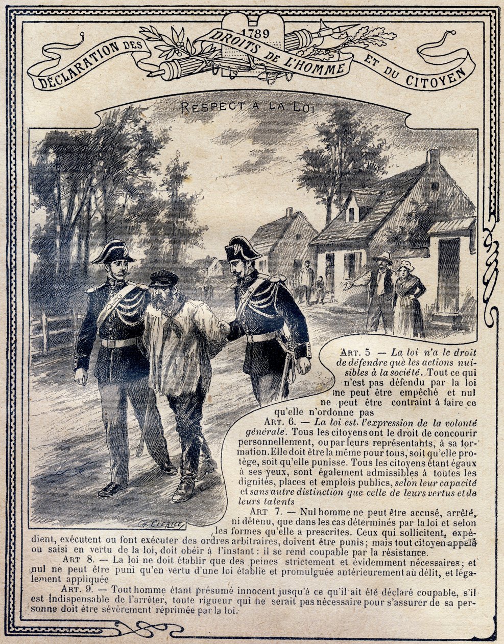 1789: Declaración de los derechos del hombre y del ciudadano: Respeto a la ley. Grabado en "El libro único de moral e instrucción cívica, destinado a los alumnos de los tres cursos de la Escuela primaria y a los de las clases primarias de los Liceos y Cole de G. Dascher