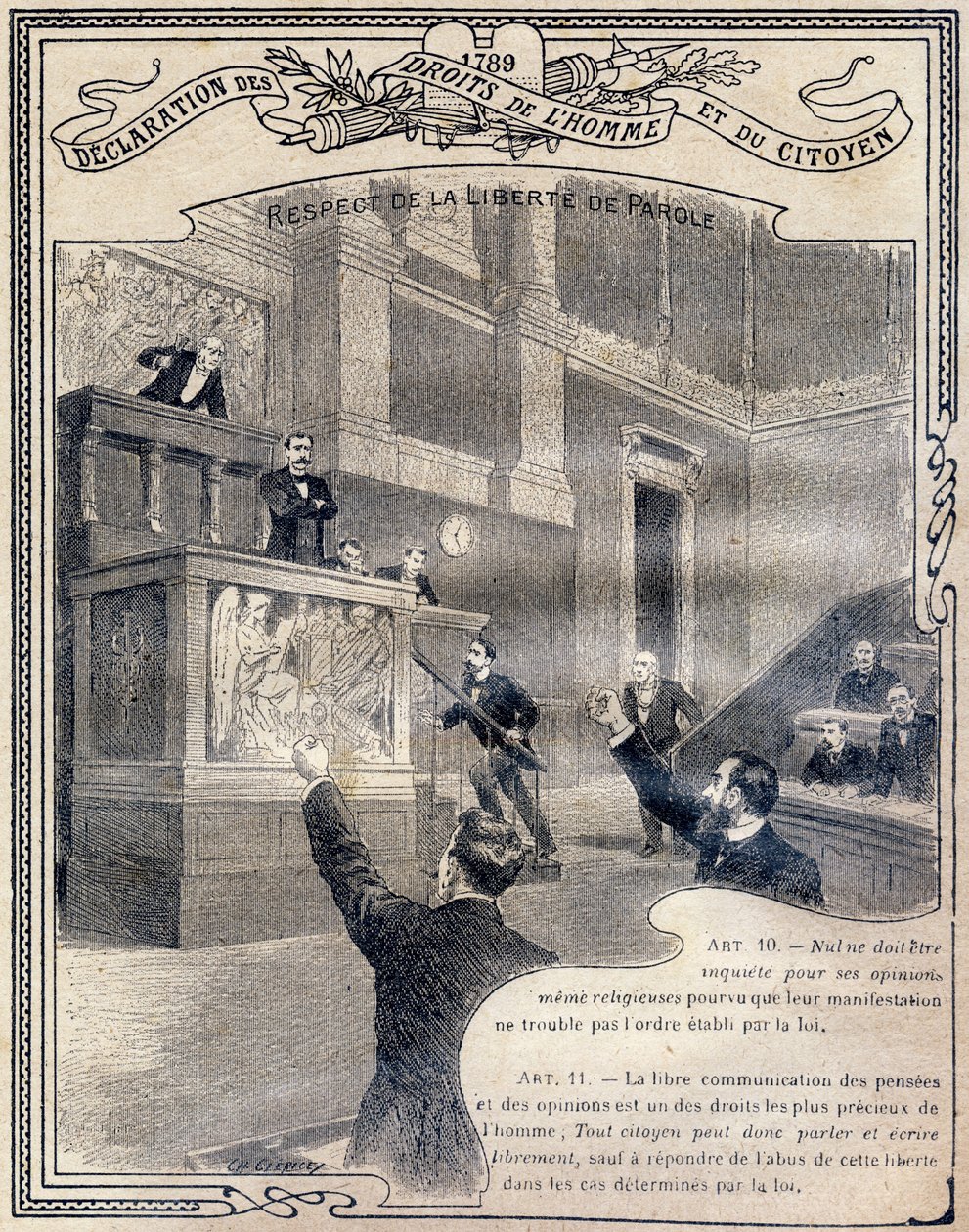 1789: Declaración de los derechos del hombre y del ciudadano: Respeto a la libertad de expresión. Grabado en "El libro único de moral e instrucción cívica, destinado a los alumnos de los tres cursos de la Escuela primaria y a los de las clases primarias de de G. Dascher
