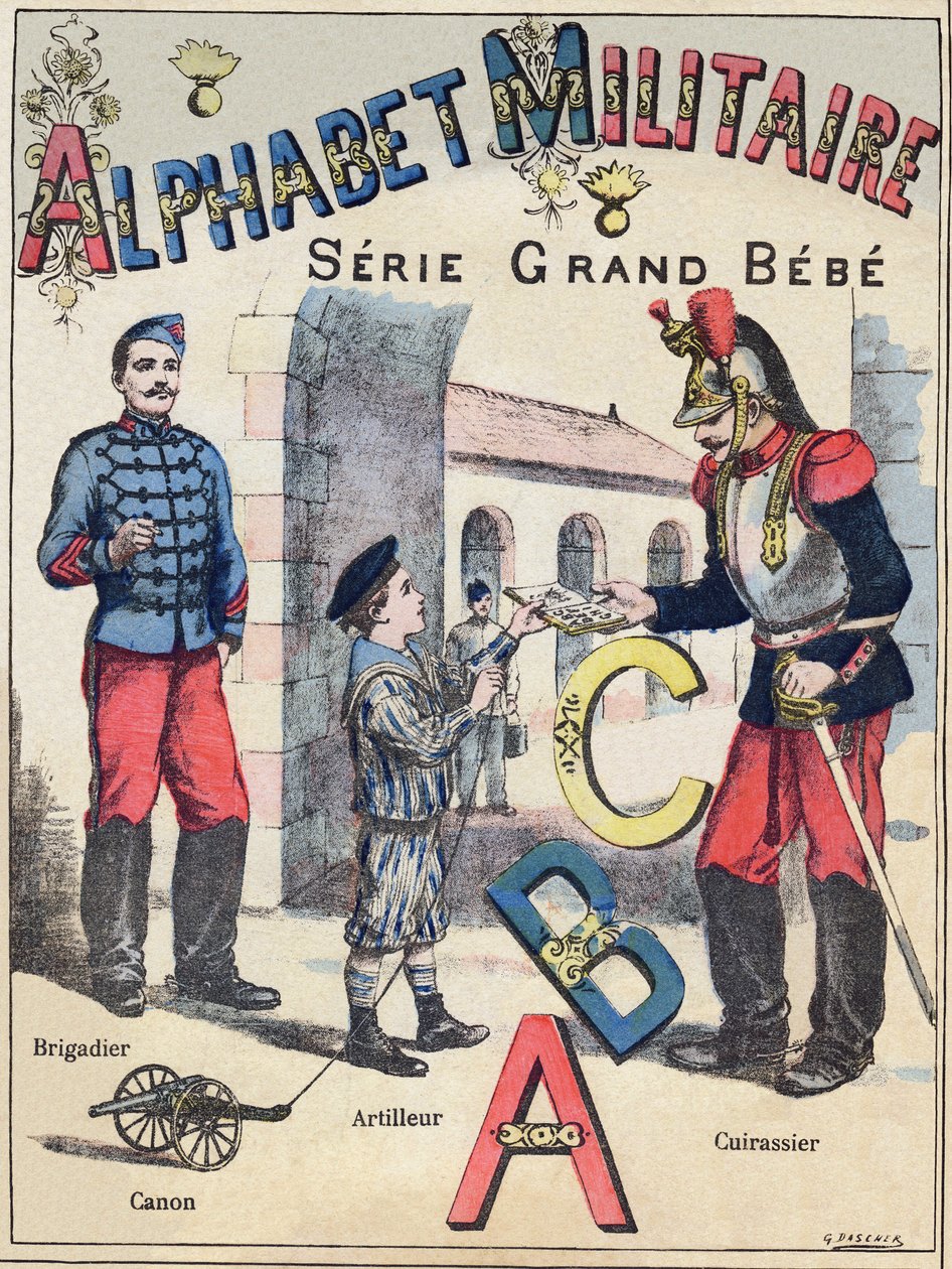 Portada de "Alfabeto militar", serie Grand-Bebe. Grabado. Imágenes de Pont-a-Mousson. Louis Vagne, Impresor-Editor, circa 1900. Ilustraciones de G. Dascher. 20 páginas. Dim: 31,5x24,5cm de G. Dascher