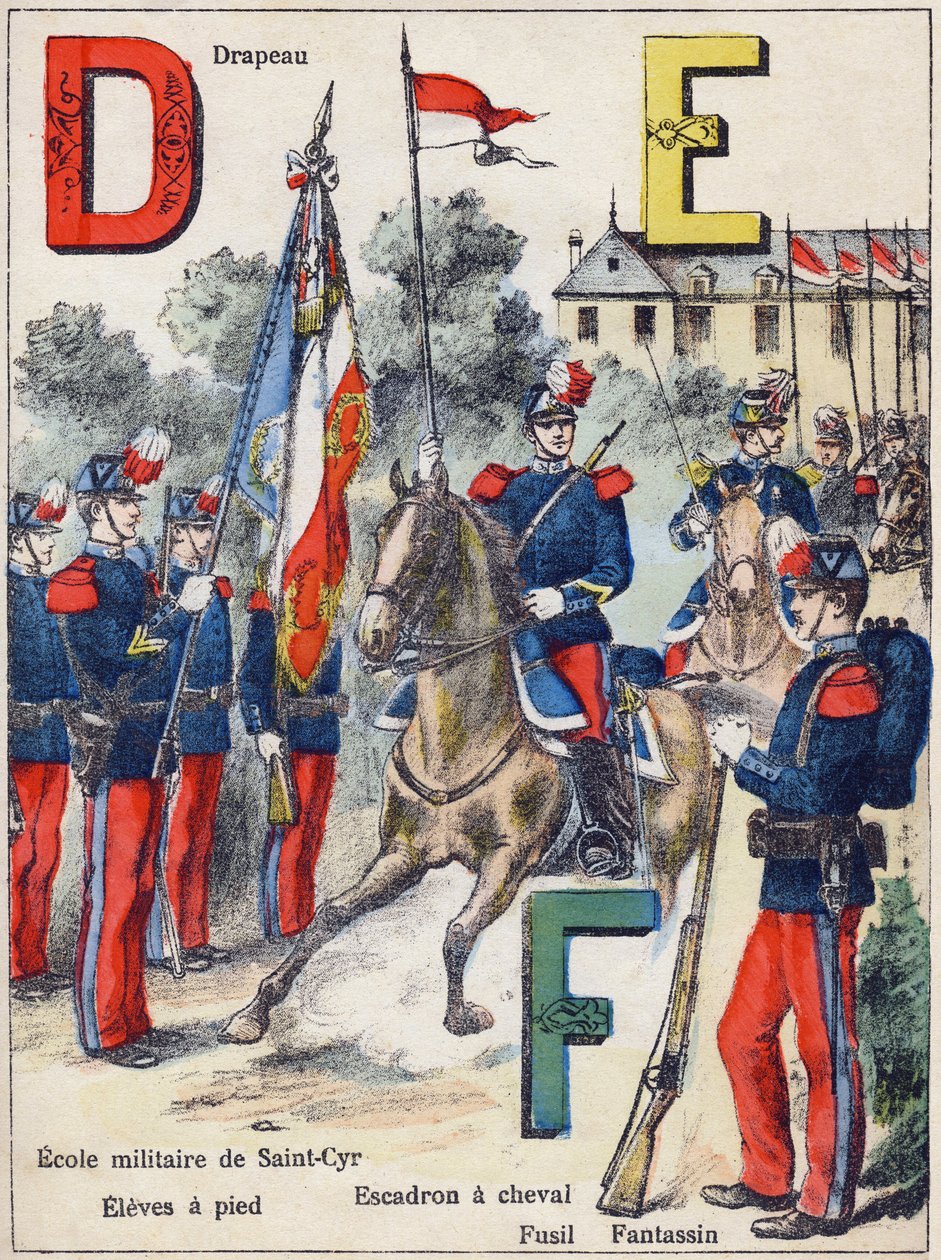 Letras D E F: Bandera, Escuela Militar de Saint-Cyr (Saint Cyr), Alumnos a pie, Escuadrón de caballería, Fusil y Infante, c.1900 (litografía) de G. Dascher