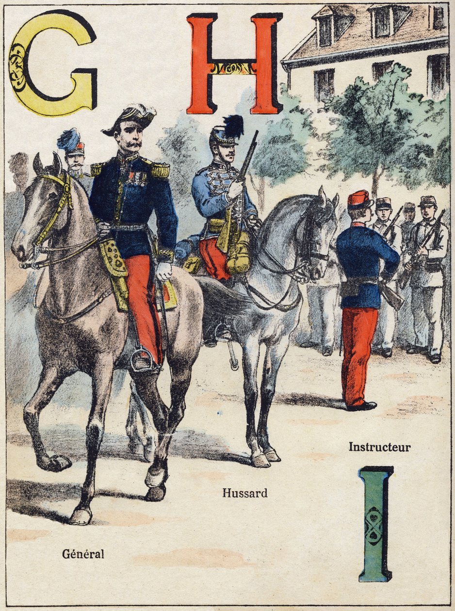 Letras G H I: General, Húsar e Instructor. Grabado en "Alphabet militaire", serie Grand-Bebe. Grabado. Imágenes de Pont-a-Mousson. Louis Vagne, Impresor-Editor, circa 1900. Ilustraciones de G. Dascher. 20 páginas. Dim: 31,5x24,5cm de G. Dascher