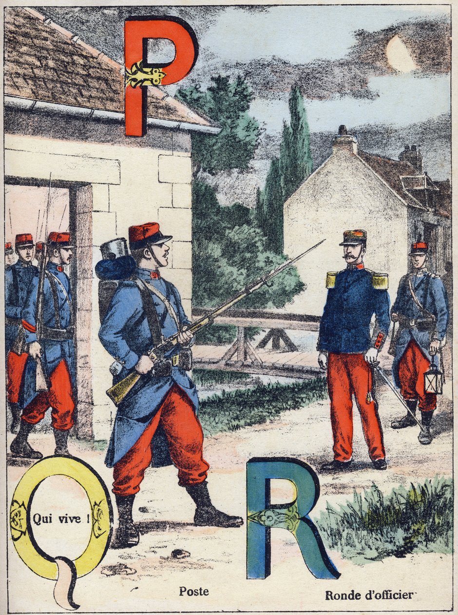 Letras P Q y R: Posta, ¡Quién vive! y Ronda del Oficial. Grabado en "Alfabeto militar", serie Grand-Bebe. Grabado. Imágenes de Pont-a-Mousson. Louis Vagne, Impresor-Editor, circa 1900. Ilustraciones de G. Dascher. 20 páginas. Dim: 31,5x24,5cm de G. Dascher