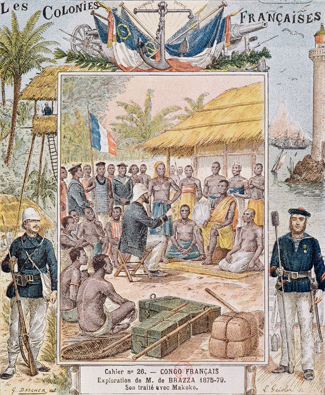 La exploración de M. de Brazza (1875-79) Su tratado con Makoko, ilustración de 