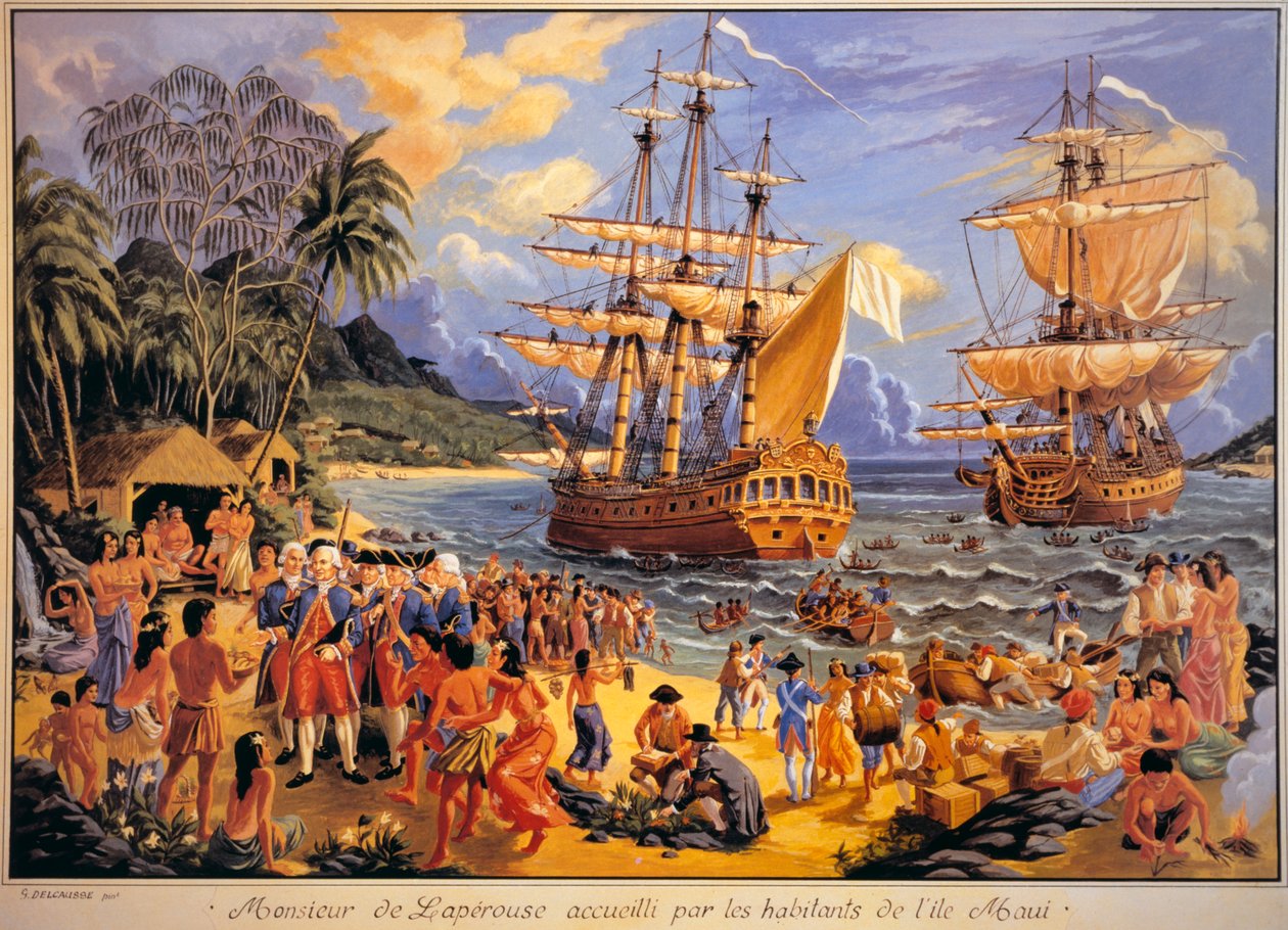 Jean Francois Galaup de Laperouse recibido por los habitantes de la isla de Mawee en las Islas Sandwich del Océano Pacífico (litografía en color) de G. Delcausse