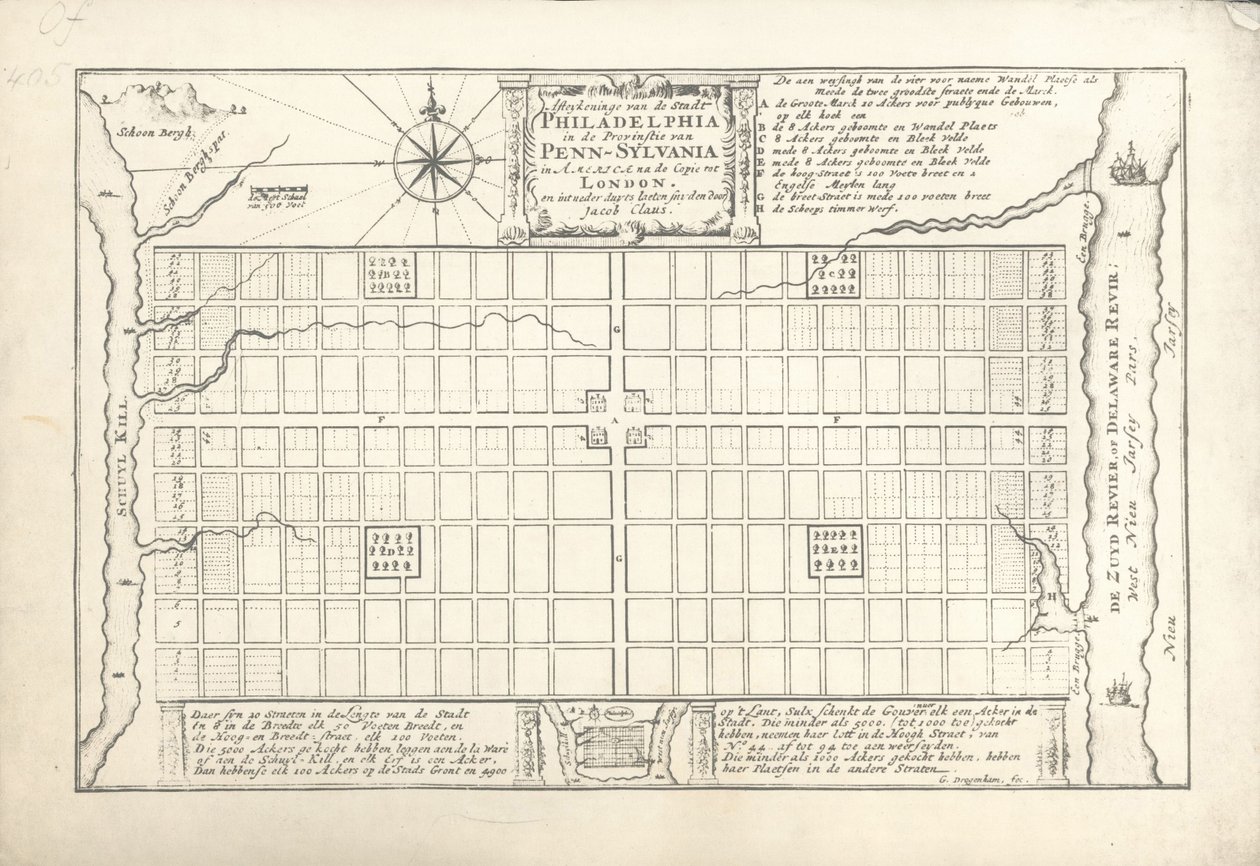El primer plan para Filadelfia, ideado por William Penn y Thomas Holme en 1682, 1684 de G. Drogenham