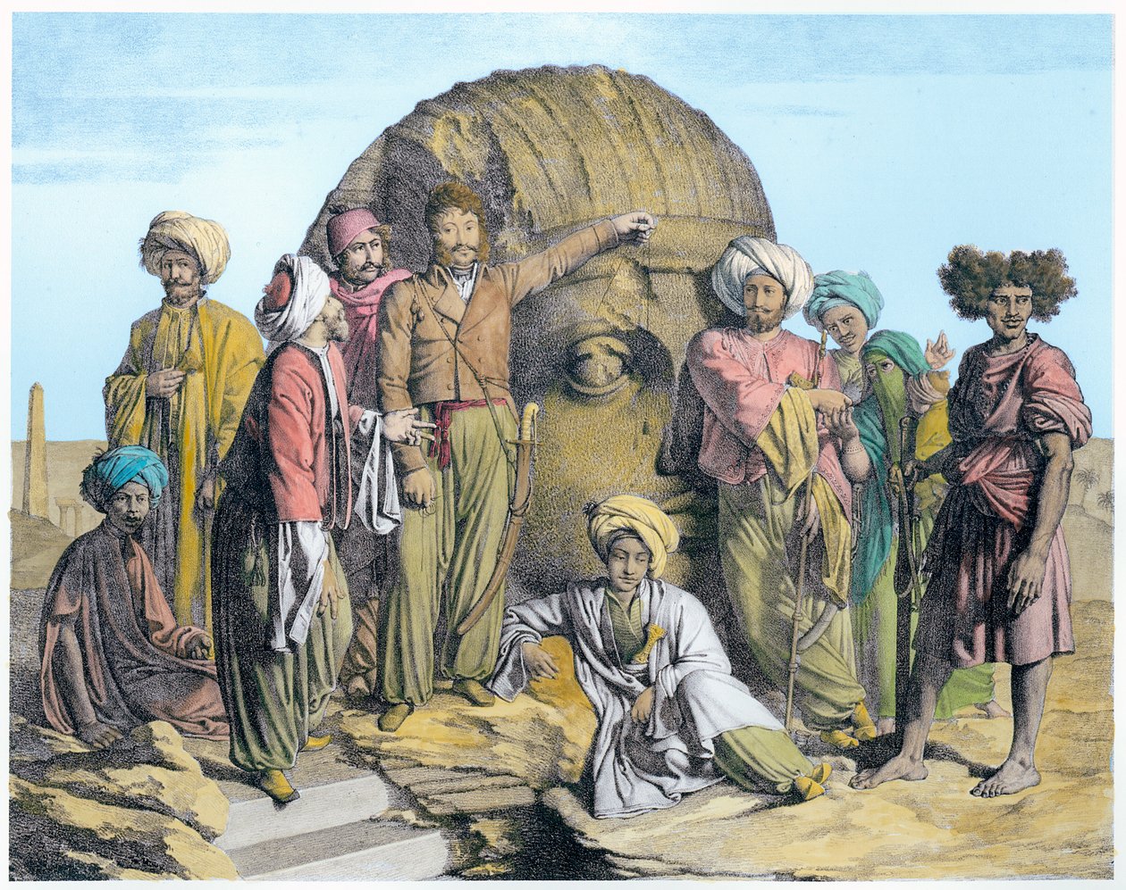 Arqueólogo Bernardino Drovetti midiendo una cabeza colosal en el desierto egipcio de G Engelmann