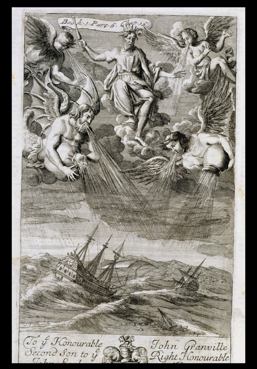 Júpiter lanza una tormenta sobre el océano, ilustración del Libro 1 Parte 6 Capítulo 16 de 