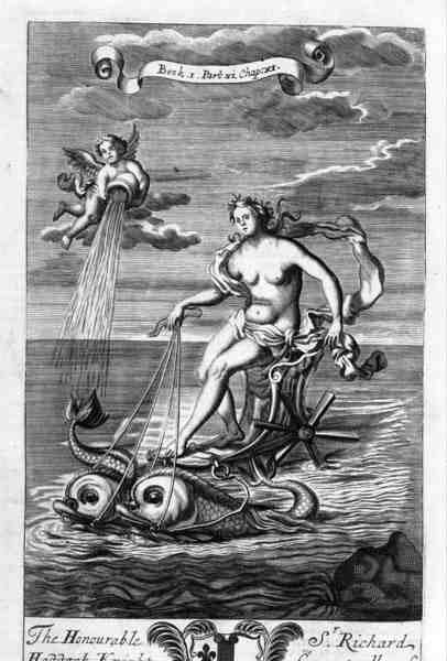 Venus montando su carro tirado por delfines, ilustración del Libro 1 Parte 6 Capítulo 11 de 
