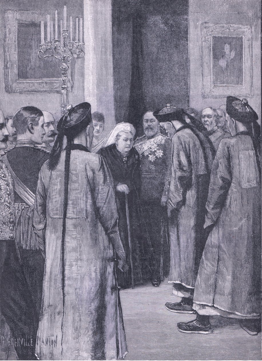 Visita de Li Hung-Chang a la Reina en Osborne, ilustración de la Historia de Inglaterra de Cassell, 1900s de G. Grenville Manton