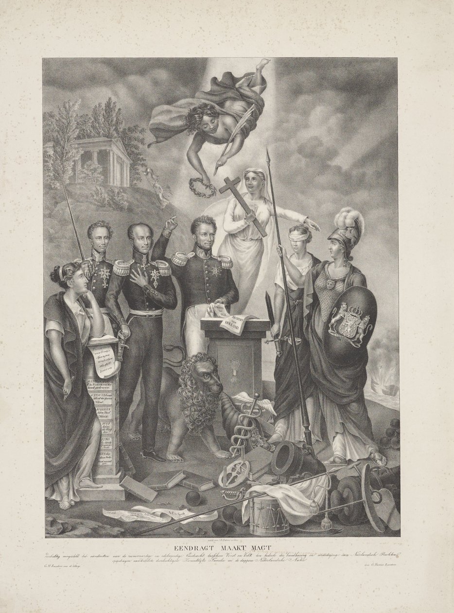 Alegoría del Pacto entre el Príncipe y el Pueblo, 1832 Eendragt hace que Magt / Zinnebeeldig se presente en memoria del glorioso y generoso Eendracht entre el Príncipe y el Pueblo con el fin de mantener y defender los derechos holandeses (título o de G. Havius Zanders