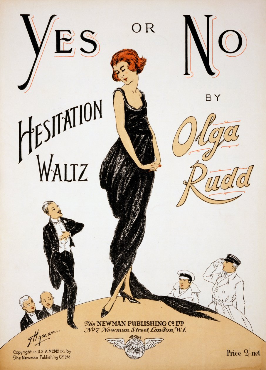 Portada de la partitura de "Yes or No Hesitation Waltz" de Olga Rudd, publicada en 1919 (litografía en color) de G. Hyman