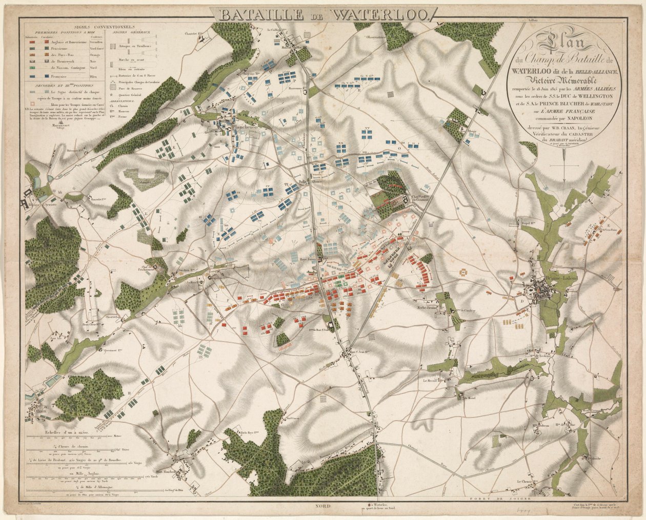 Kaart van de Slag bij Waterloo, 1815 Batalla de Waterloo / Plano del Campo de Batalla de Waterloo llamado Belle-Alliance. Victoria memorable ganada el 18 de junio de 1815 por los ejércitos aliados (...) (título sobre objeto) de G. Jacowick