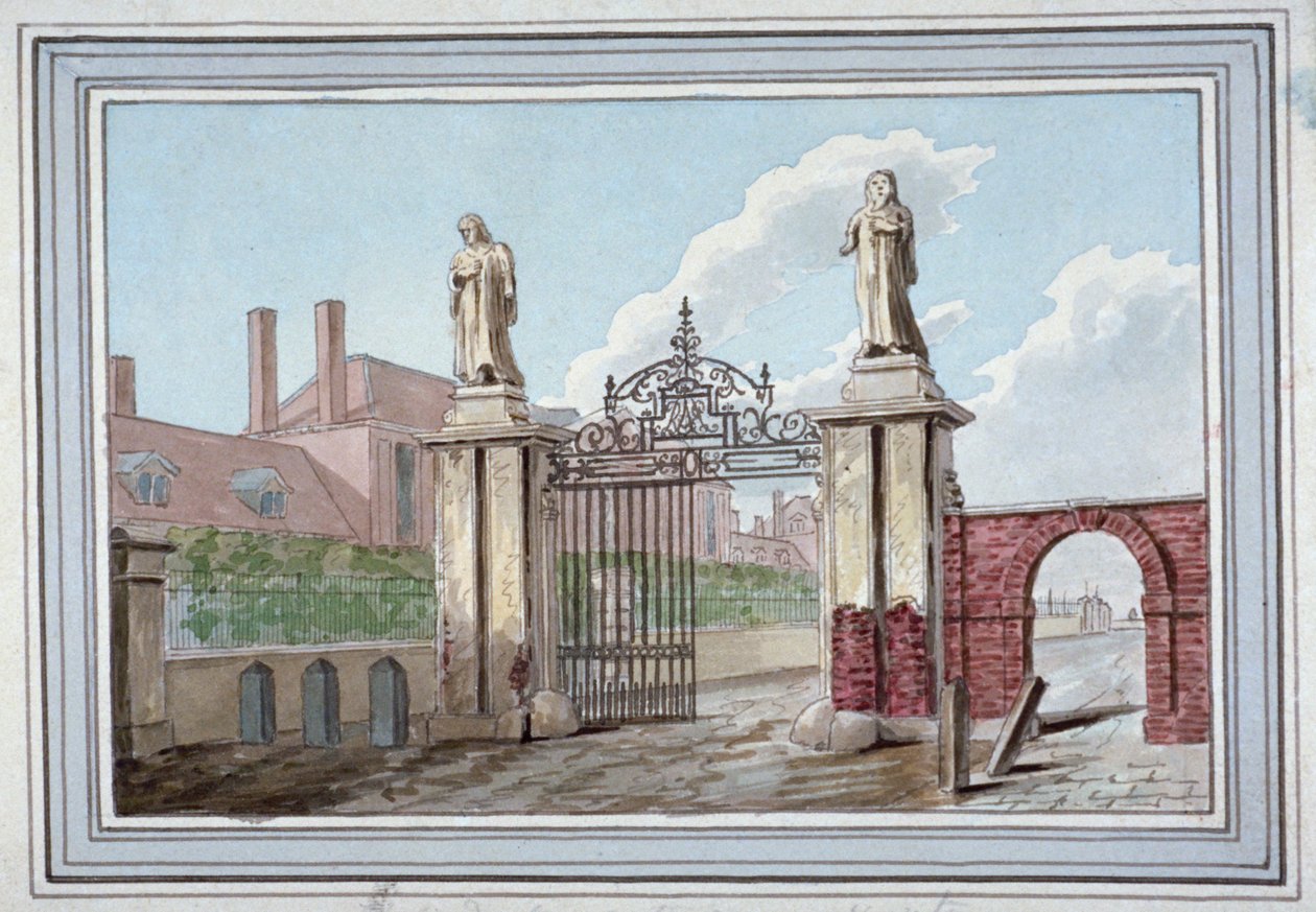 Entrada a las casas de beneficencia de los merceros en Pitfield Street, Shoreditch, Londres, c. 1830 de G Yates