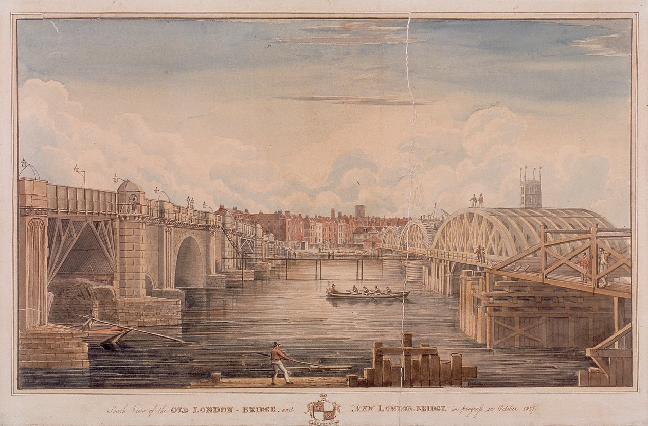 Puente de Londres viejo y nuevo, Londres, 1827 de G Yates
