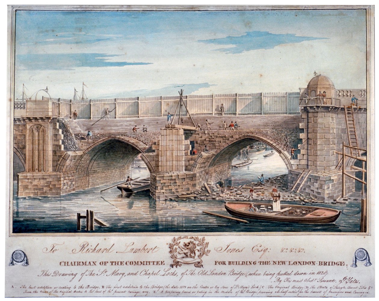 Santa María y la Capilla Locks siendo demolidas, Puente de Londres, 1829 de G Yates