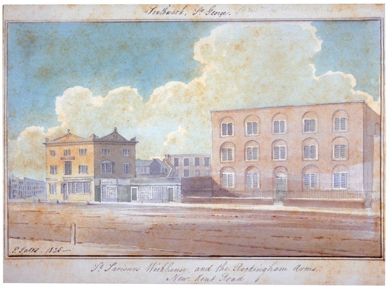 Asilo de St Saviour y la posada Rockingham Arms, New Kent Road, Southwark, Londres, 1825 de G Yates