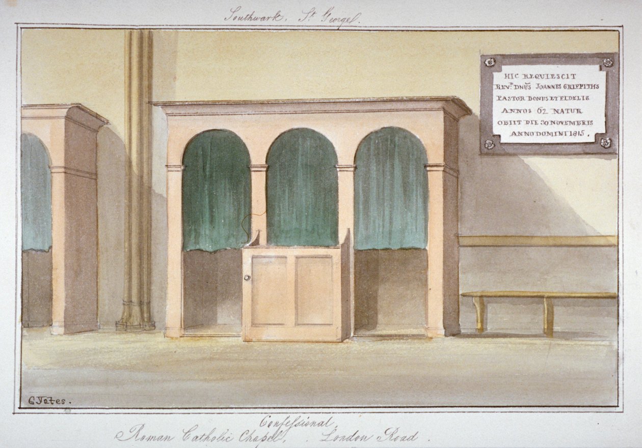 El confesionario en la Capilla Católica Romana en London Road, Southwark, Londres de G Yates