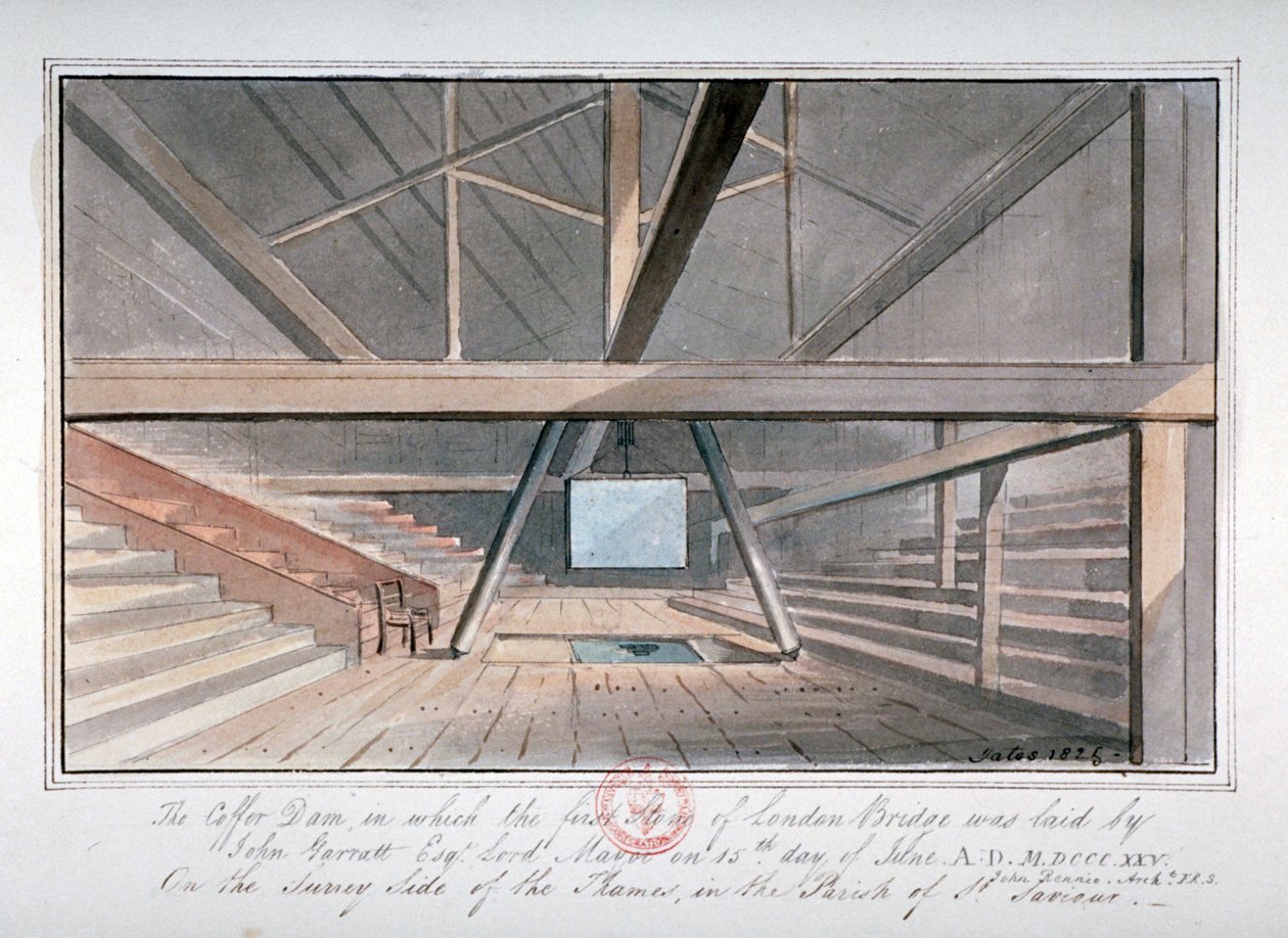 Vista de la fundación del Puente de Londres de G Yates