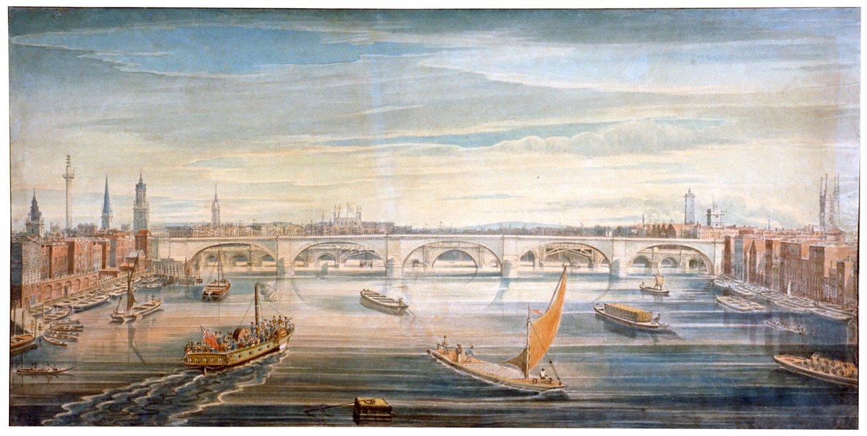 Vista del nuevo Puente de Londres desde el oeste, con barcos y barcazas en el Támesis, 1831 de G Yates