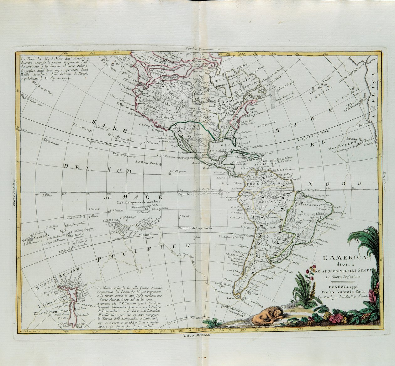 América dividida en sus principales estados, grabado por G. Zuliani tomado del Tomo I del Nuevo Atlas publicado en Venecia en 1776 por Antonio Zatta, Colección Privada de G. Zuliani