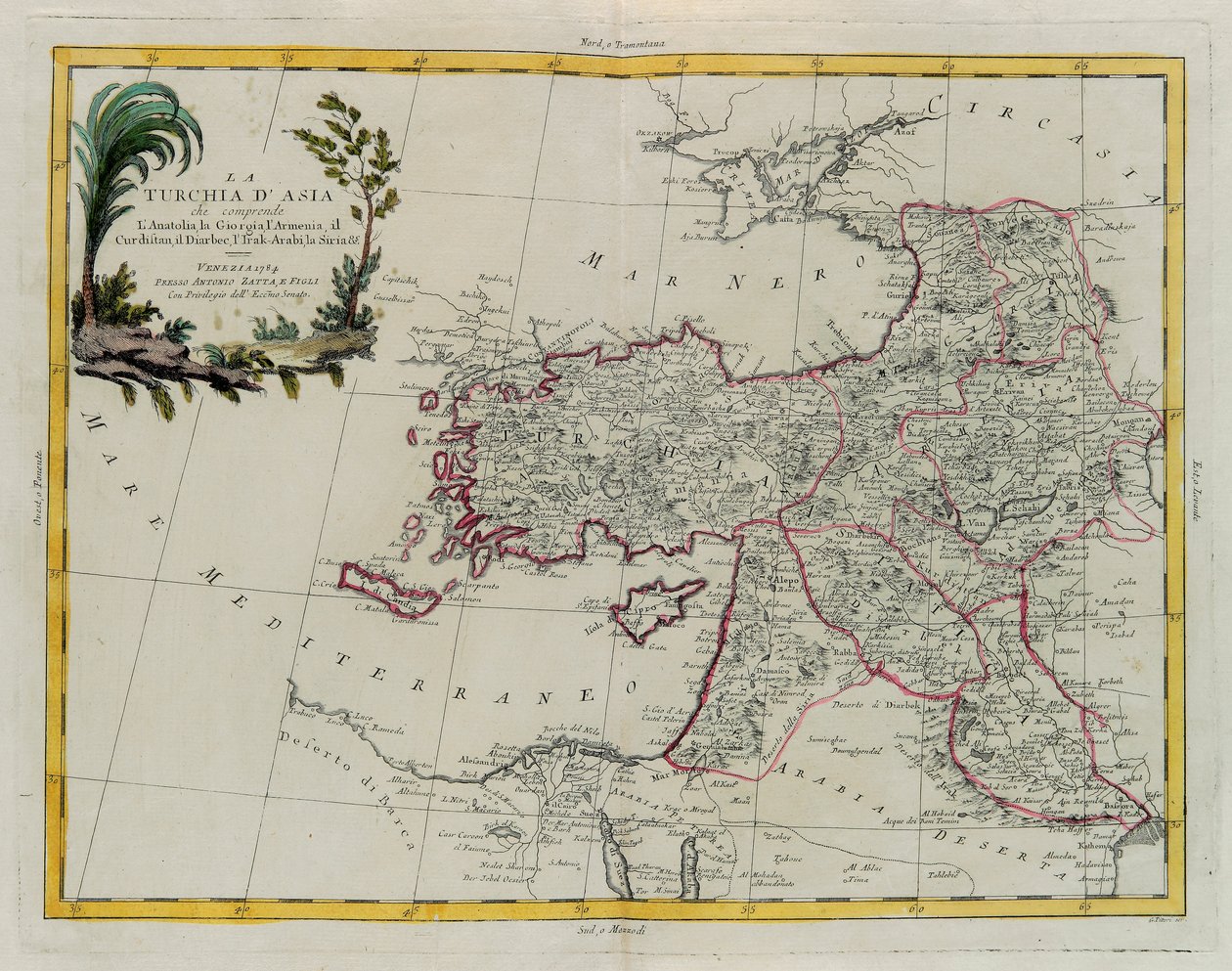 Turquía asiática, incluyendo Anatolia, Georgia, Armenia, Kurdistán, Diarbec, Irak-Arabi, Siria, grabado por G. Zuliani tomado del Tomo IV del "Atlas Más Nuevo" publicado en Venecia en 1784 por Antonio Zatta, Colección Privada de G. Zuliani