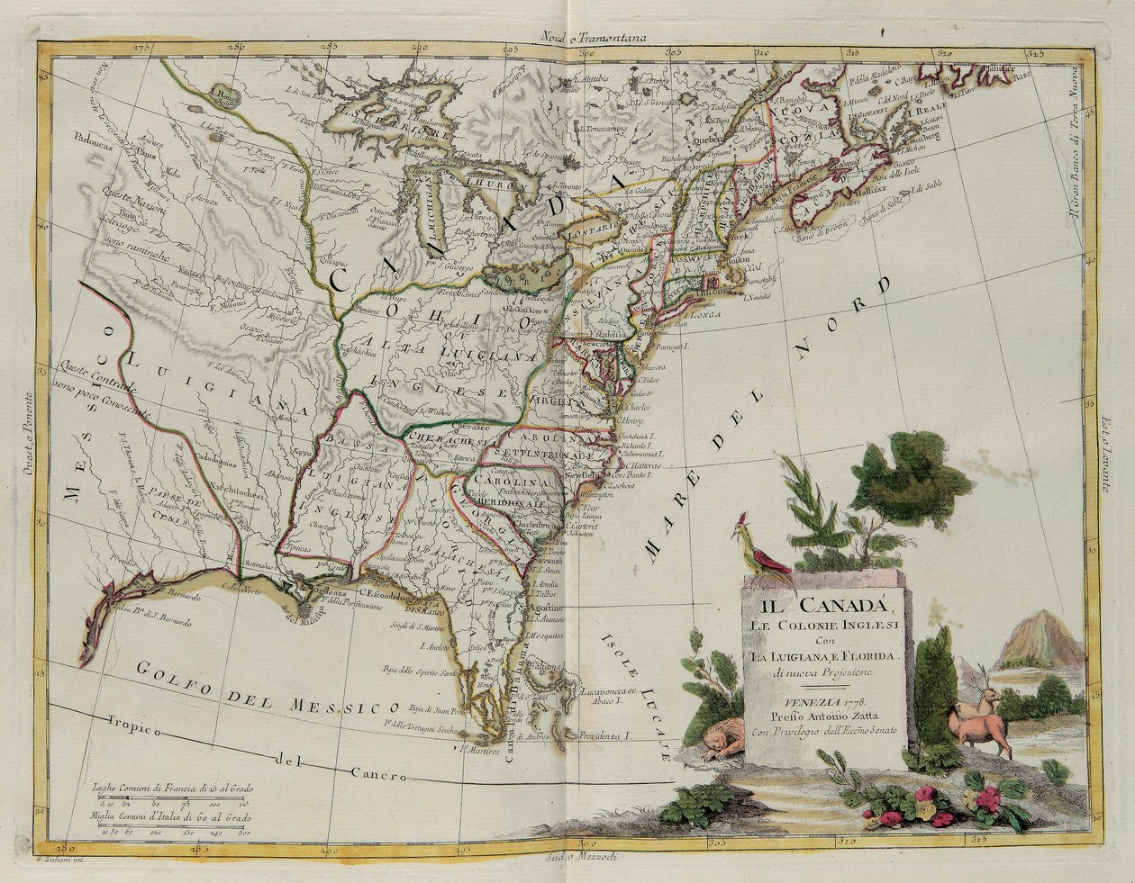 Canadá, las Colonias Inglesas con Luisiana y Florida, grabado por G. Zuliani tomado del Tomo I del Nuevo Atlas publicado en Venecia en 1778 por Antonio Zatta, Colección Privada de G. Zuliani