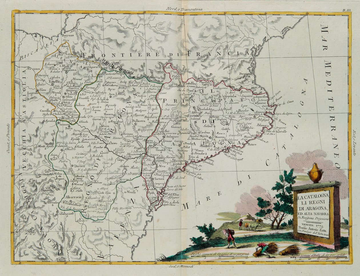 Cataluña, los Reinos de Aragón y Alta Navarra, grabado por G. Zuliani tomado del Tomo I del Nuevo Atlas publicado en Venecia en 1775 por Antonio Zatta, Colección Privada de G. Zuliani