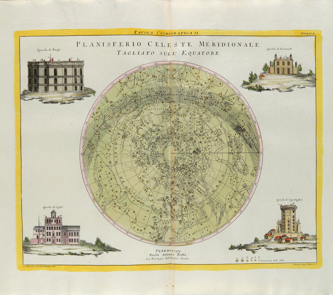 Placa cosmográfica del planisferio celeste del sur cortada en el ecuador, grabado por G. Zuliani tomado del Tomo I del Nuevo Atlas publicado en Venecia en 1777 por Antonio Zatta de G. Zuliani