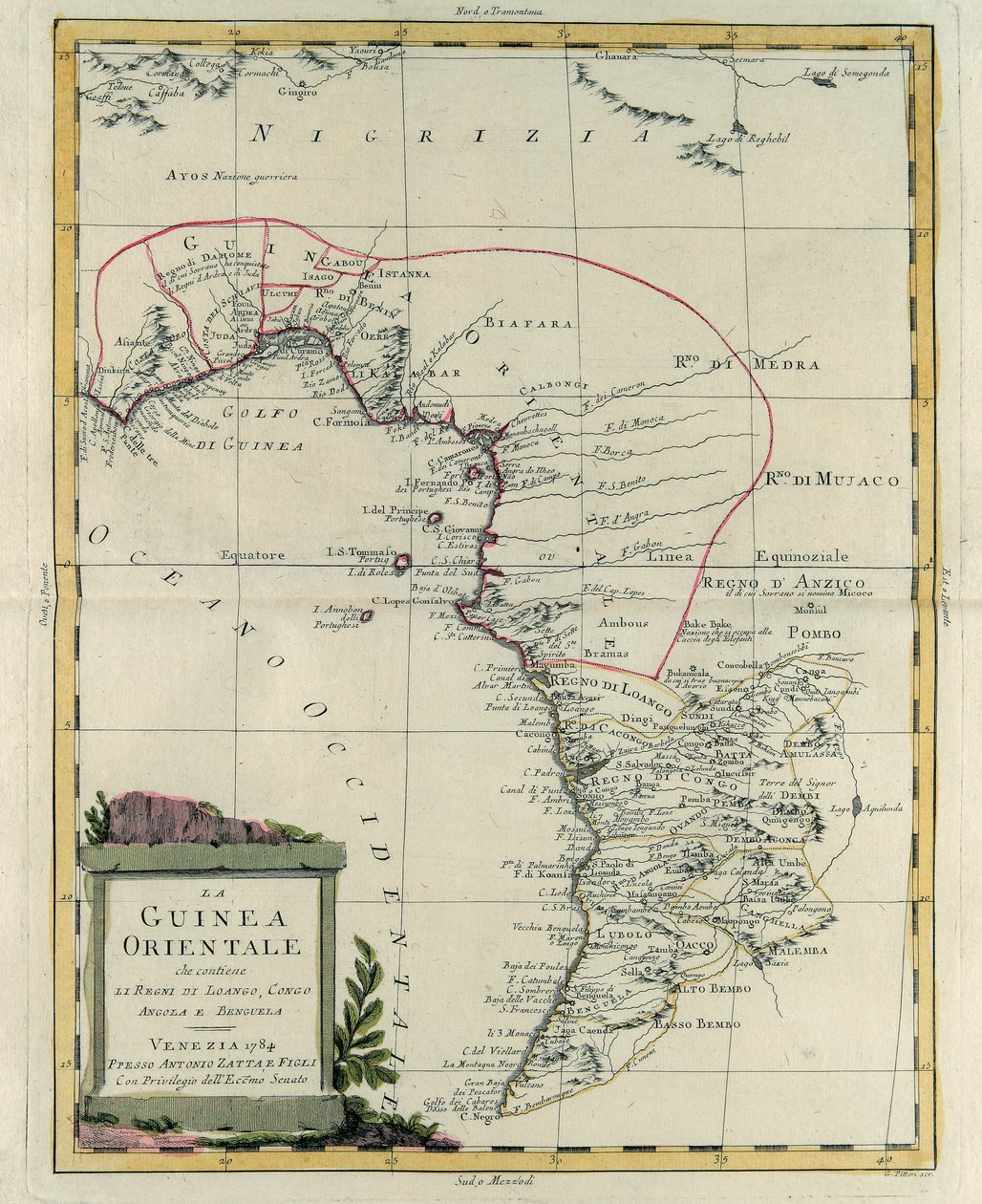 Guinea Oriental que contiene los Reinos de Loango, Congo, Angola y Benguela, grabado por G. Zuliani del "Atlas Más Nuevo" publicado en Venecia en 1784 por Antonio Zatta, Colección Privada de G. Zuliani