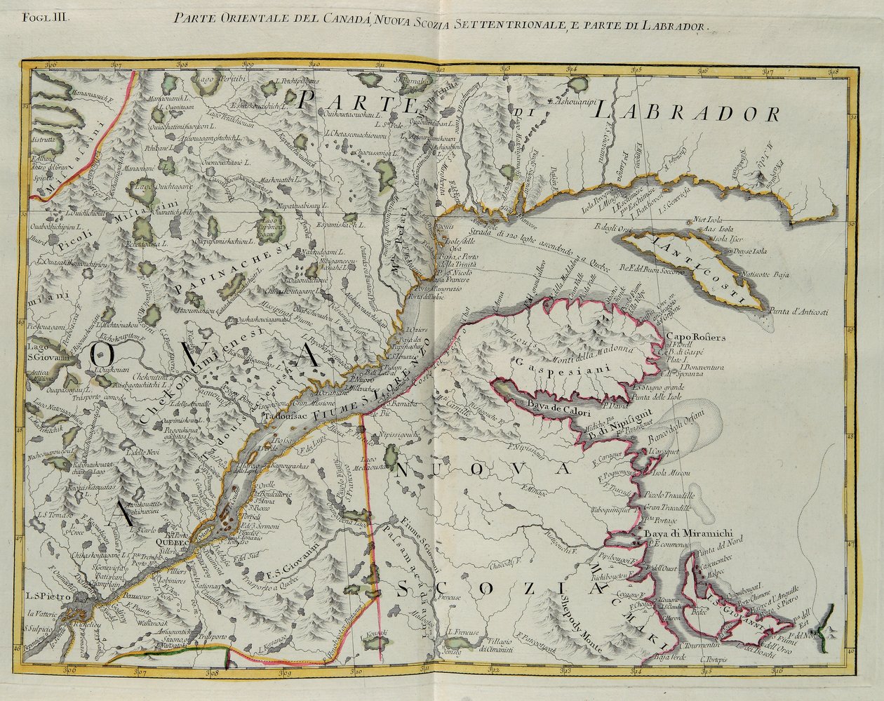 Parte oriental de Canadá, norte de Nueva Escocia y parte de Labrador, grabado por G. Zuliani tomado del Tomo I del "Atlas Más Nuevo" publicado en Venecia en 1778 por Antonio Zatta, Colección Privada de G. Zuliani